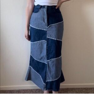 Vintage y2k denim patchwork maxi skirt